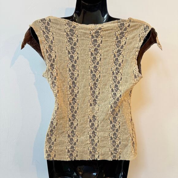 Vintage‎ Y2K Tag Rag Culture Beige Lace Stretch Top M Made in USA Cap Sleeve - Picture 2 of 13